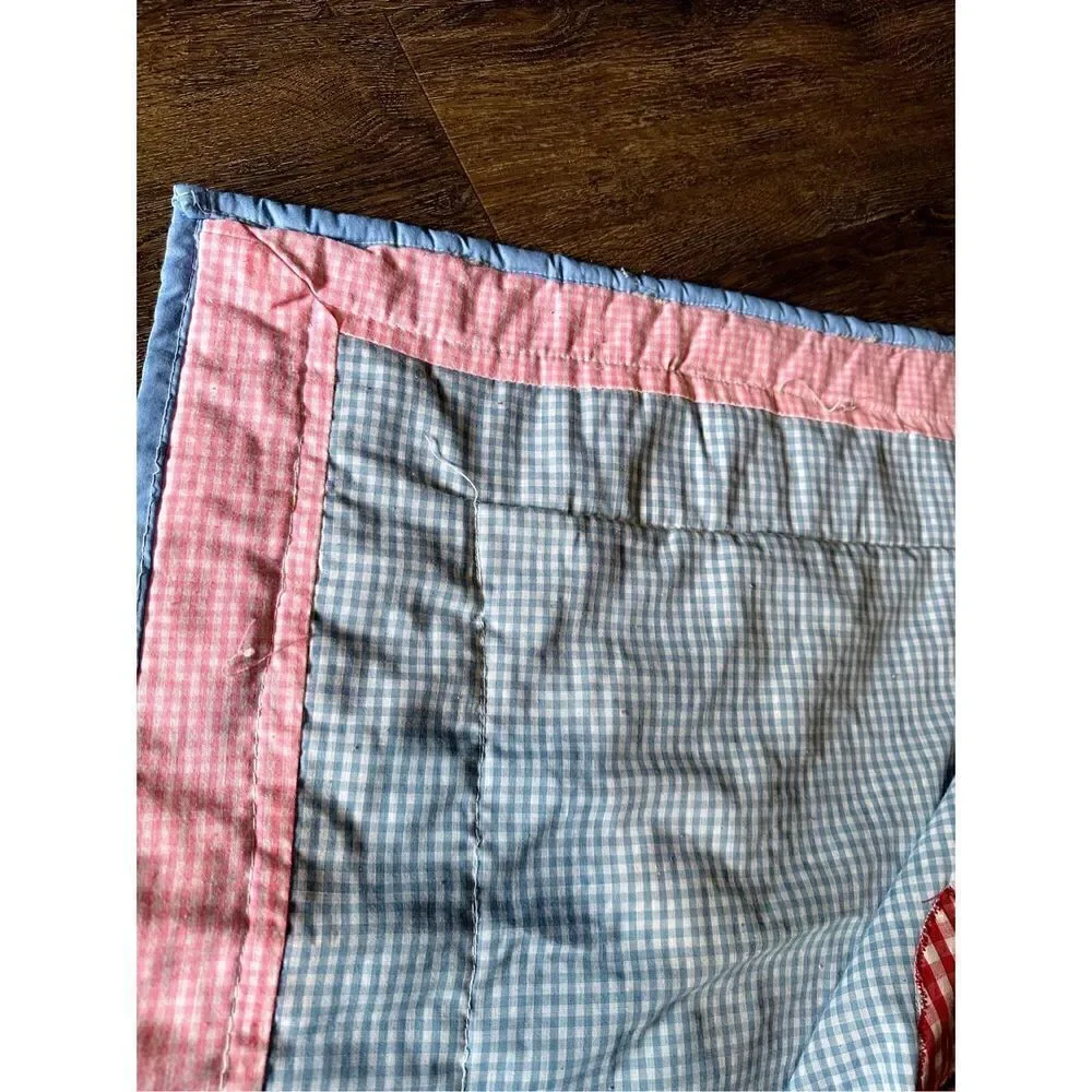 Vintage Handmade Plaid Fishing Child Quilt Blanket Decor 49”x37” Multi Color EUC
